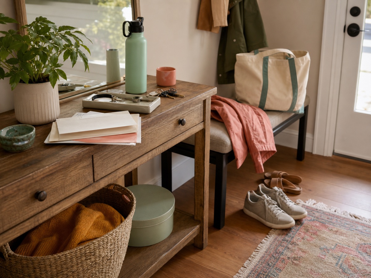 Shoes, mail, a tote, and daily items waiting to be put away in an entryway