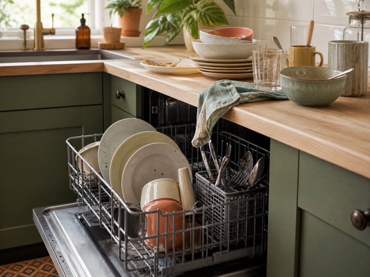 Everyday dishes beside an open dishwasher in a lived-in kitchen