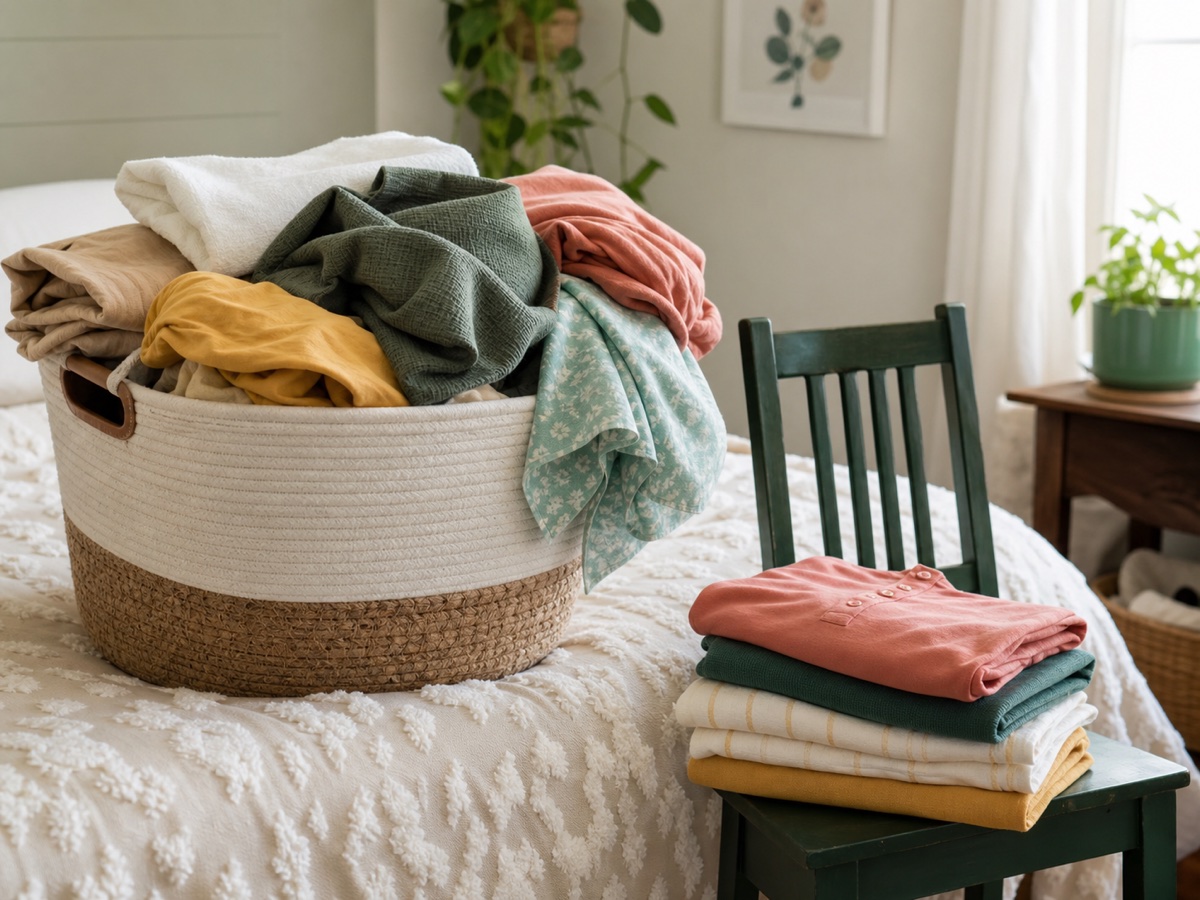 A basket of clean laundry and folded clothes waiting to be put away